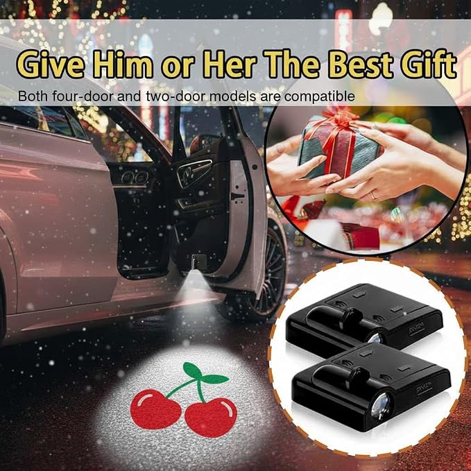 2PCS Cherry Car Door Lights Projector,Wireless LED Welcome Puddle Lights,Magnetic Logo Projector Door Light Decor Car Accessories Cherry Gifts for Women Men,Suitable for All Vehicles Motorcycle