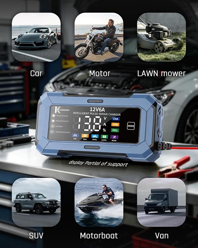Car Battery Charger Battery maintainer for Automatic trickle Charger with Pulse Repair & Digital Display trickle Charger for car Battery 12v 6A Compatible with CAR AGM Moto LiFePO4 Batteries