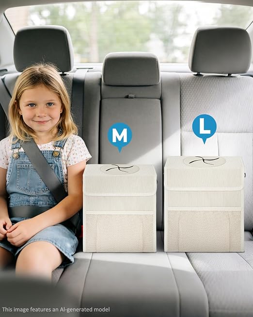 Corduroy Car Trash Can with Lid and Mesh Pockets - Leakproof Organizer,Multipurpose Waterproof Garbage Can/Trash Bin for Car(Off-White-2 Gallons)