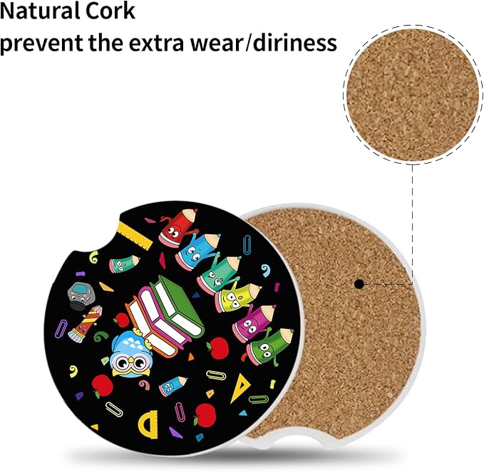 2 Pack Ceramic Cup Holders,Owl and Pencil Pattern Car Coasters Set for Women/Men,2.56" Ceramic Stone & Cork Base Drink Coasters.