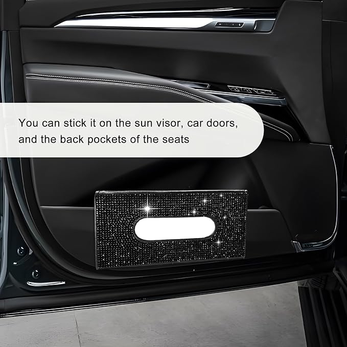 Bling Car Sun Visor Tissue Box Holder, Sparkling Auto Sun Visor Napkin Box Mask Holder, PU Leather Glitter Rhinestone Backseat Paper Towel Case for Cars Trucks SUVs (Black)