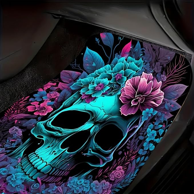 Universal Fit Car Floor Mats Set of 4Pcs, Blue Skull and Flower All-Weather Front Rear Car Carpet Mats, Non-Slip Car Floor Mat Car Accessories for Automotive Trucks SUV Sedans Vans