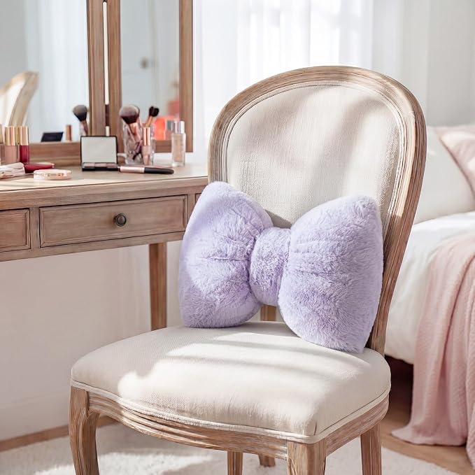 Macarrie 2 Pcs Purple Car Neck Pillow Imitation Rabbit Fur Bow Pillow | Soft Comfortable Seat Headrest Support, Cute Bow Car Accessories, Driving Travel Driver Chair Girl Interior Decor, Solid