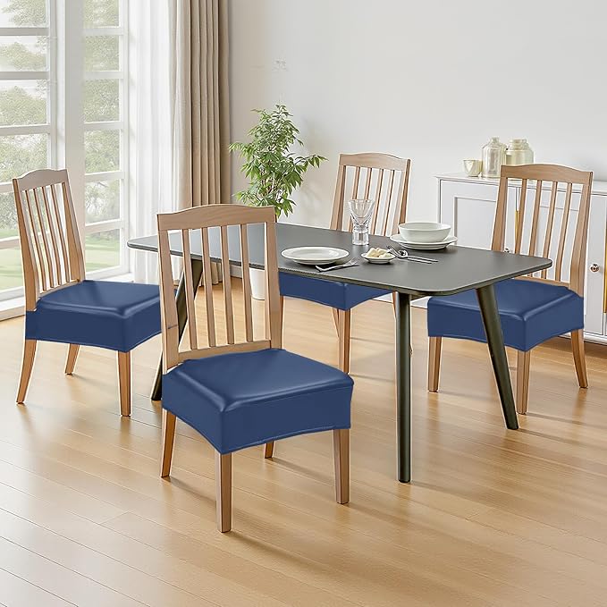Waterproof Dining Chair Seat Covers Leather Kitchen Seat Covers, Stain Resistant Stretch Chair Seat Covers for Dining Room Chairs Set of 8, Rear Covered Washable Dining Chair Covers Navy