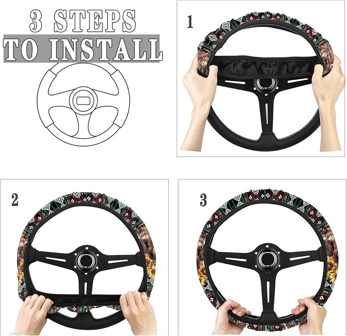 Wanyint Aztec Highland Cow Sunflower Car Steering Wheel Cover Universal 15 Inch Breathable Better Grip, Cute Car Accessories Decoration for Women Men
