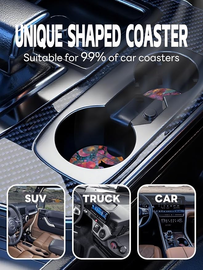 WOCOCN Car Coasters,Cup Holder Coasters for Car,2.75inch Anti Slip and Absorbent,Cute Automotive Interior Accessories for Cup Holder,Pack of 2 (Colourful Cat)