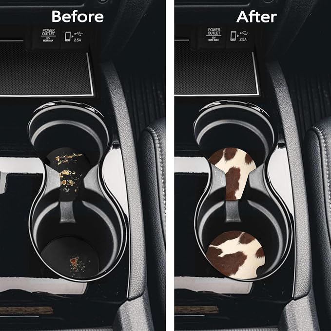 Car Coasters for Cup Holders - Animal Brown Cowhide Skin Print Cow | 2 Pack Anti Slip Universal Rubber Car Cup Coaster for Women Men, Car Interior Accessories