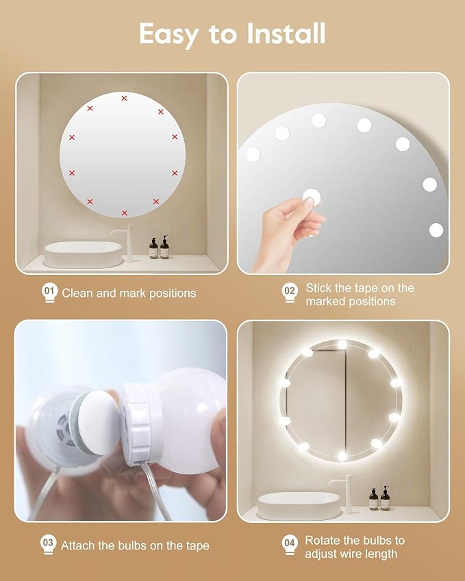 Brightown 14 Bulb Dimmable Hollywood Makeup Mirror Lights, 22Ft Adjustable Vanity Lighting Fixtures for Full Length Mirror (Mirror Not Included)