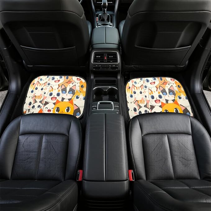 Cat Car Floor Mats Set of 4 Cute Cartoon Colorful Kawaii Anime Carpet Front Rear Carpets Mat Non-Slip Auto Car Accessories Universal Fit for Car SUV Truck Van