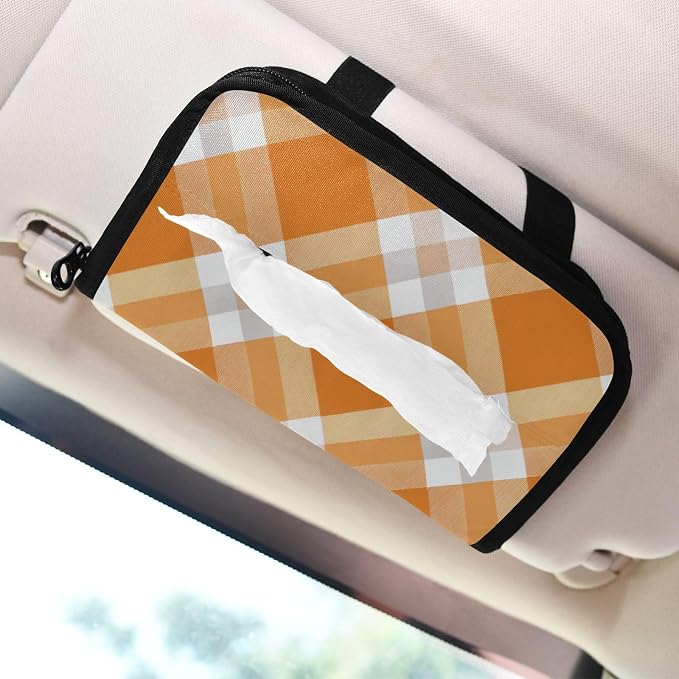 Orange and White Checkered Pattern Car Tissue Holder Durable Napkin Holder Hanging Tissue Holders Case Car Tissues Bag for Sun Visor Seat Back Universal Auto
