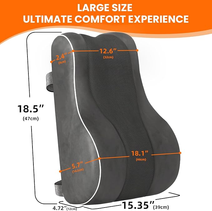 CloudBliss Ergonomic Lumbar Support Pillow Seat Cuhsion - Memory Foam for Lower Back Pain Relief, Adjustable Straps & Mesh Cover for Office, Gaming, Car Seat (XL, Grey)