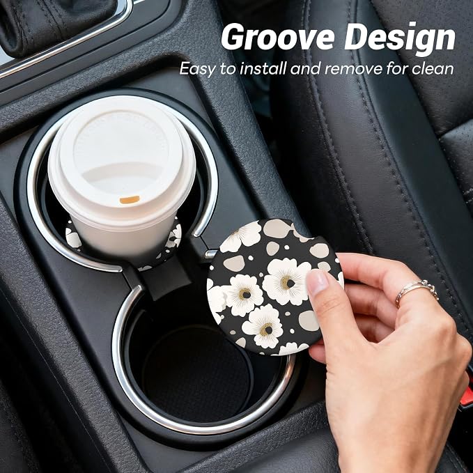 2 Pack Ceramic Car Coasters for Cup Holder, 2.56 in Anti Slip Absorbent Coaster with Cork Base and Finger Notch, Funny Cute Car Accessories for Women, Daisy