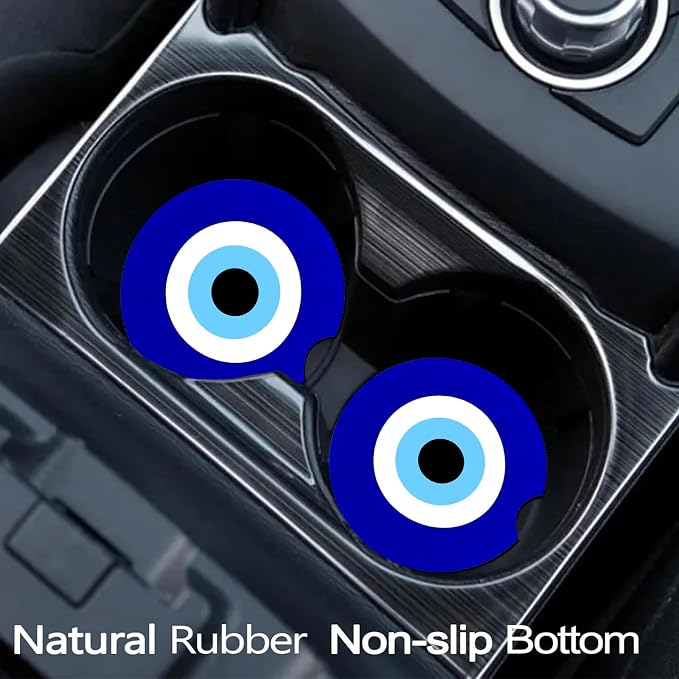 2 Pack Blue Evil Eye Car Cup Holder Coasters Universal Neoprene Coasters | 2.75" Universal Size Anti Slip Rubber Mat, Auto Cup Holder Decor Accessories for SUV Truck, Evil Eye Gifts for Men Women Mom