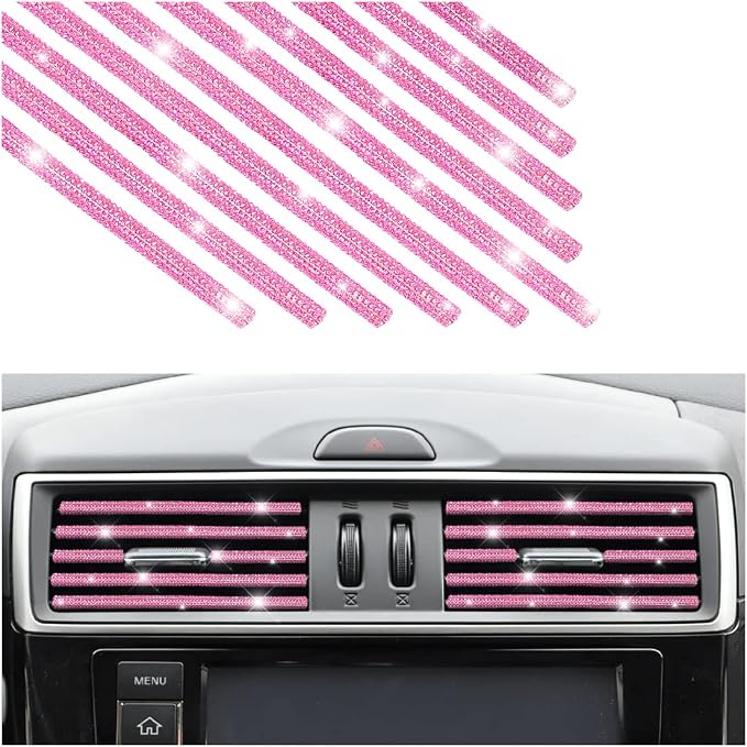 10 PCS Most Car Air Vent Outlet Trim,Bling, Rhinestone Air Conditioner Decoration Strip, Universal Bendable,Interior Accessories (Pink)