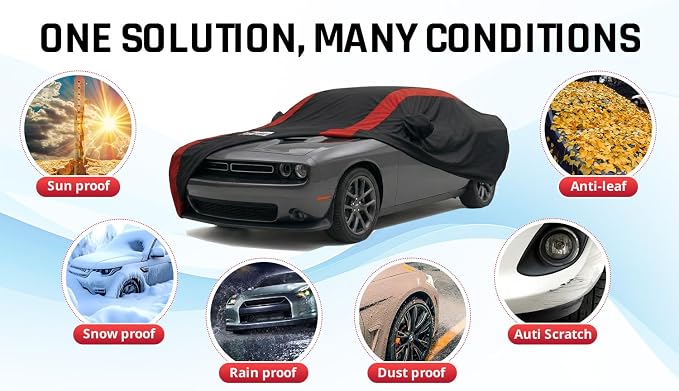 Challenger Car Cover Waterproof All Weather with Red Strip Design, Custom Fit for Dodge Challenger 2008-2026 SXT GT R/T Scat Pack SRT Hellcat, Challenger Accessory with Door Zipper & Windproof Straps