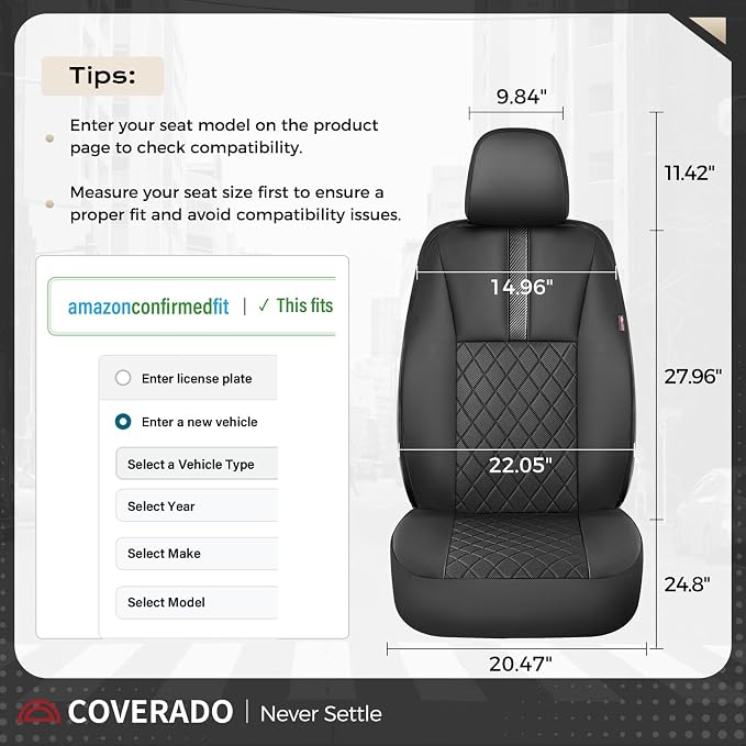 Coverado Car Seat Covers Front Pair, Automotive Leather Seat Covers for Car,Universal Fit Front Back Seat Cover, Non-Slip Waterproof Breathable Car Seat Protector