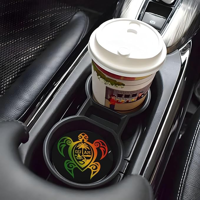Guam Turtle Palm Trees Absorbent Ceramic Car Coasters 2 Pack Round Insert Cupholder Coaster Car Cup Holder Mat with Finger Notch Anti-Slip Cork Base Reusable Drink Coasters 2.56 in