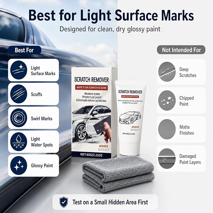 Car Cloth Scratch Remover Paste Kit for Vehicles, 2 Pack | Car Scratch Remover, 60g/2.21oz Each with Nano Cloths for Light Scratches, Scuffs, Swirl Marks, Water Spots & Paint Gloss