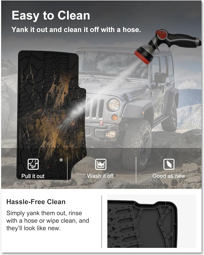Kiwi Master Floor Mats for 2007-2013 Jeep Wrangler JK 2-Door | Custom Fit All Weather Car Mats, Heavy Duty TPE Floor Liners, Front & Rear 2 Row Set, Black