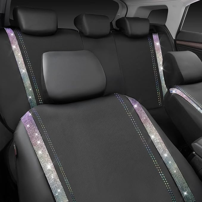 CAR PASS Bling Diamond Car Seat Covers Full Set, Shining Rhinestone Waterproof Faux Leather, Rear with Zipper, Universal Fit Automotive Glitter Crystal Sparkle Strips for Cute Women Girl,Muticolor