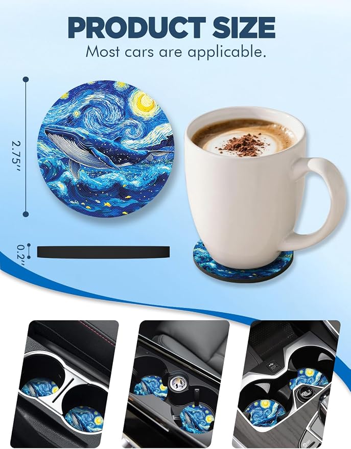 WOCOCN Car Coasters for Cup Holders - 2 Pack 2.75" Universal Rubber Car Cup Coaster, Non-Slip Waterproof Car Interior Accessories, Cute Car Decor Gifts for Women and Men (Starry Sky Whale)