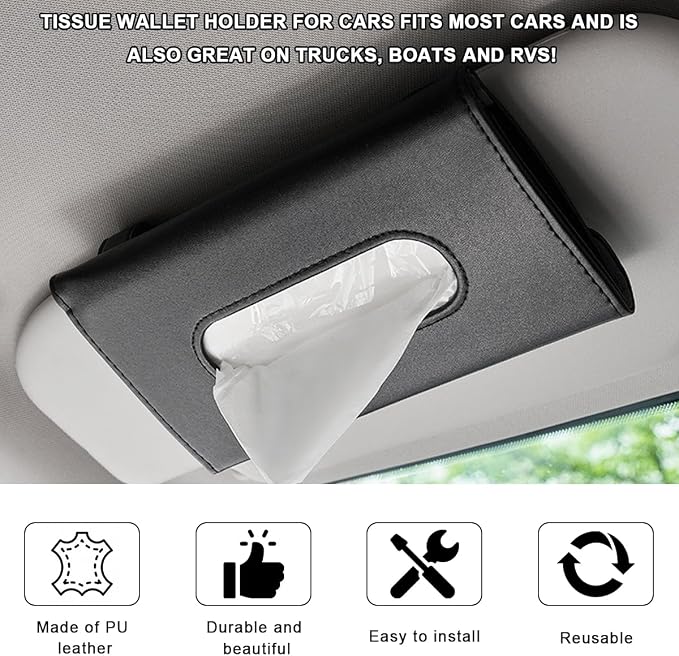 Car Tissue Holder, Vehicle Sun Visor Napkin Box Hanging Paper Towel Dispenser with Tissues Refill, Leather Backseat Paper Towel Case Visor Napkin Storage Holder for Most Cars (Black)