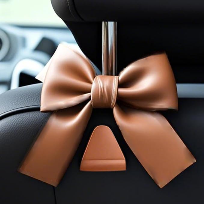 2-Pack Car Purse Hooks for Hanging Purses and Bags, Cute Bow car seat headrest Hooks for Hanging car Purse Hooks. (Brown)