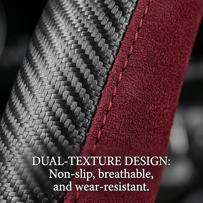Steering Wheel Cover, Faux Leather, Universal 14.5-15 Inch, Non-Slip, Breathable Slim Fit, for Cars, SUVs, Trucks (Red Black)