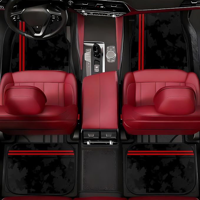 Universal Fit Car Floor Mats Set of 4Pcs, Red Background Black Bars All-Weather Front Rear Car Carpet Mats, Non-Slip Car Floor Mat Car Accessories for Automotive Trucks SUV Sedans Vans