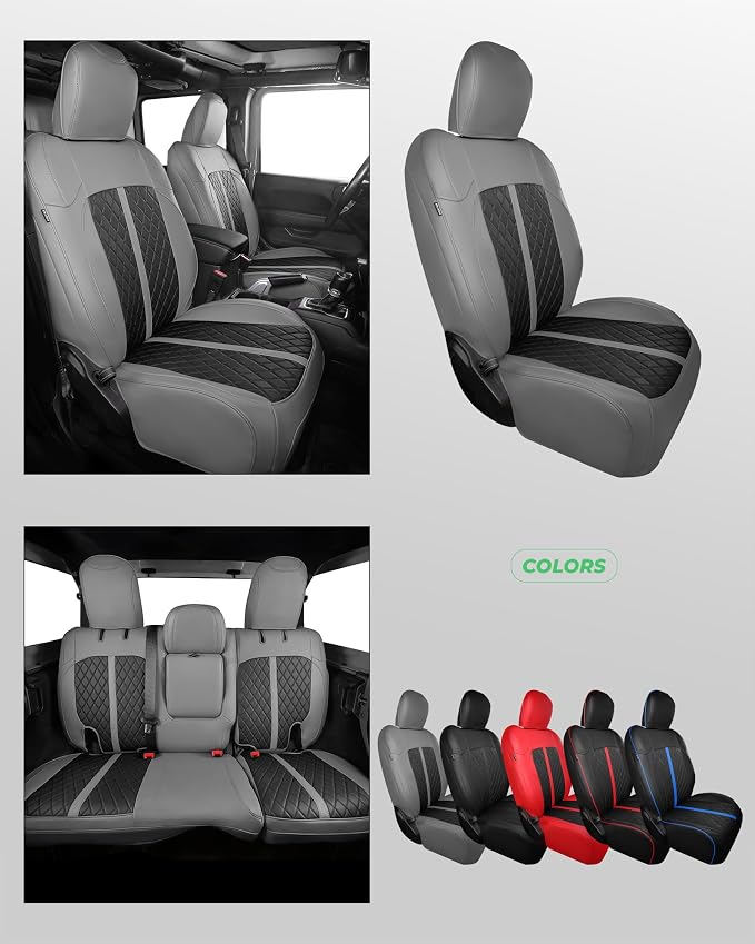 for Jeep Wrangler Seat Covers 4Door JL 2018 2019 2020 2021 2022 2023 2024 2025 2026, Custom Fit Car Seat Cover Full Set, Luxury Waterproof Leather Protectors, Gray Black, with Rear Cup Holder