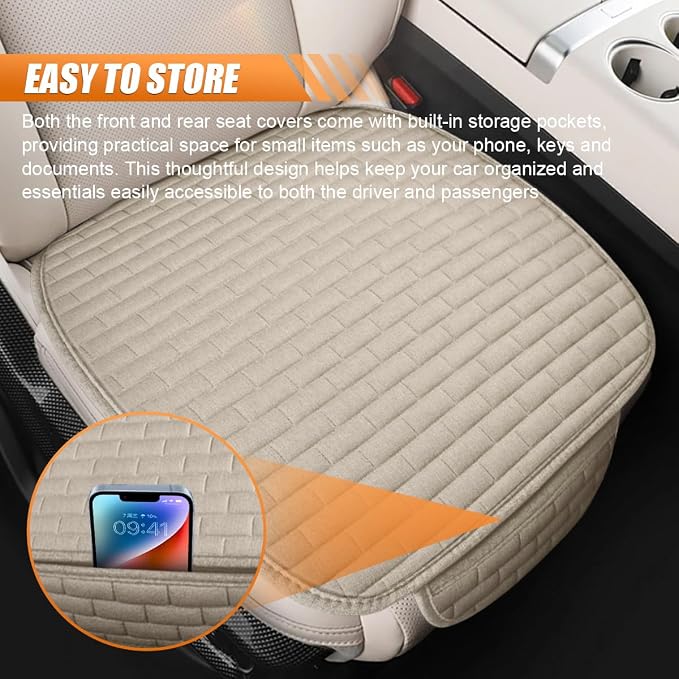 Car Front Seat Cover, Breathable Linen Auto Seat Cushion (BeigeS) | Anti-Slip Vehicle Seat Pad with Storage Pocket, Universal Automotive Seats Protection Mat for Car, SUV, Truck