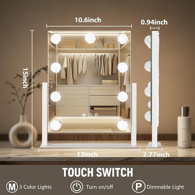 Ratsamee Rechargeable Hollywood Vanity Mirror with Lights, 13"×15" LED Makeup Mirror, Smart Touch Control, Makeup Mirror for Bedroom, Vanity Desk, Beauty Routine