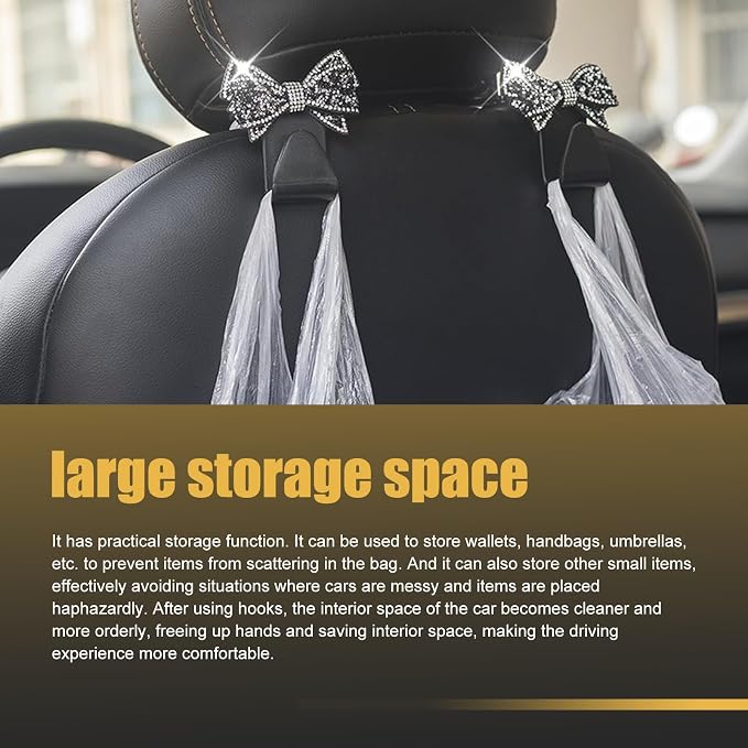 2 PCS Car Bling Seat Headrest Hooks, 3D Butterfly Bow Rhinestone Decoration Hook, Multi-function Storage Hanger for Purses and Bags, Cute Organizer for Car Rear Seat (Black)