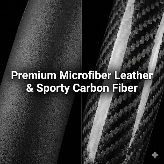 Carbon Fiber Car Steering Wheel Cover, Black Leather 14.5-15 Inch | Fine Microfiber Leather & Sporty Carbon Fiber Pattern Non-Slip Rubber Lining Fits 14.5 to 15 Inch Standard Wheels