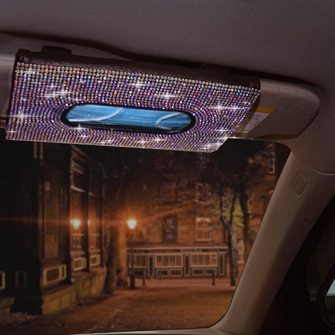 Car Sun Visor Mask Box Holder Leather Sparkling Bling Bling Multicolor Crystals Mask Cover Case & Glitter Mask Hook Clip for Women(AB Color)