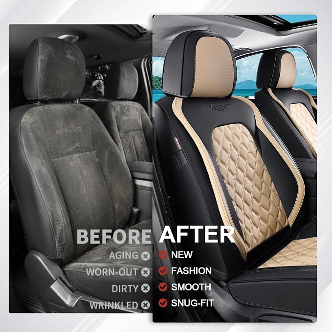 Coverado Car Seat Covers Front Seats, Durable Waterproof Faux Leather Full Set with Rear Protectors, Classic Easy-Clean Interior for Most Vehicles – BlackBeige