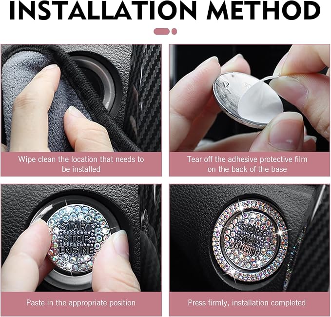 Crystal Rhinestone Car Engine Stop Decoration Ring Sticker, Sparkling Rhinestone Push Start Button Decorative Cover, Bling Interior Accessories for Women, Universal for Most Car(Multicolored)