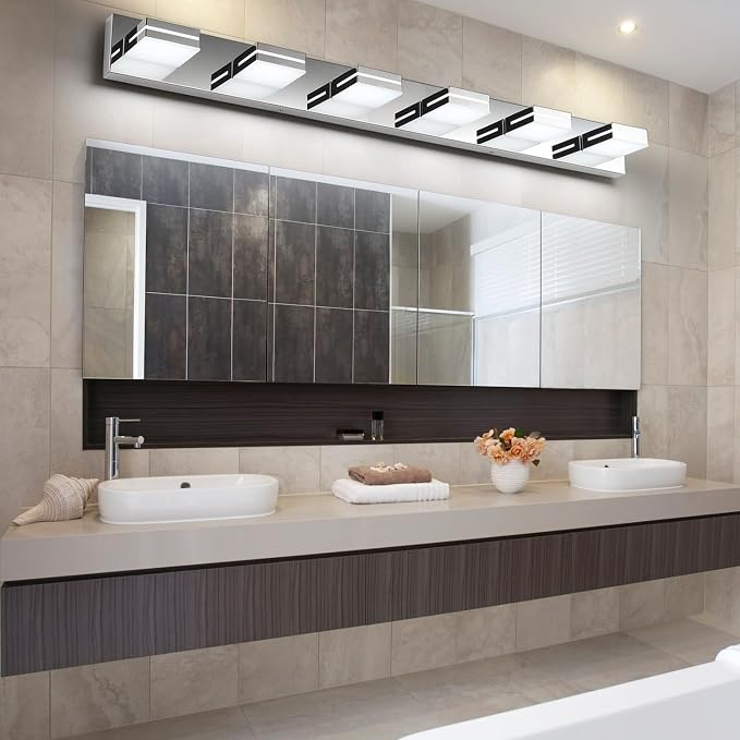SineRise LED Modern Bathroom Vanity Light Fixtures (6-Light, 48-Inch, Dimmable), Chrome Modern Acrylic Bathroom Wall Lighting Fixtures Over Mirror (Cool White 6000K)