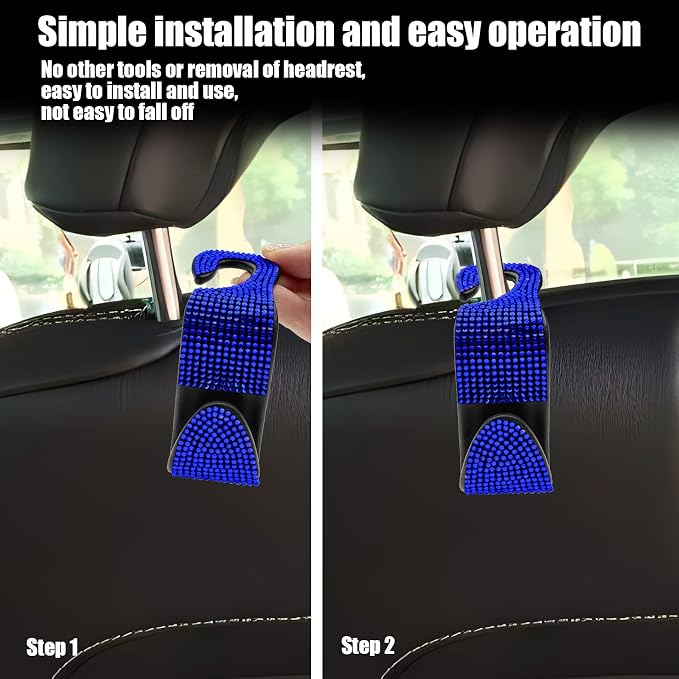 OSIFIT 2PCS Car Seat Hooks, Bling Car Rhinestone Headrest Hooks, Universal Bling Car Interior Accessories, for Handbag, Clothes, Purse, Water Bottle (Blue)