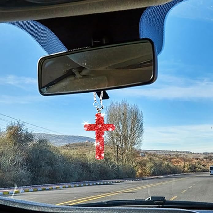 Bling Car Rear View Mirror Accessories Hanging Pendant,Cross Crystal Rhinestone For Car Mirror Hanging,Double-Sided Cross Diamond Religious,Interior Men Women Car Accessories