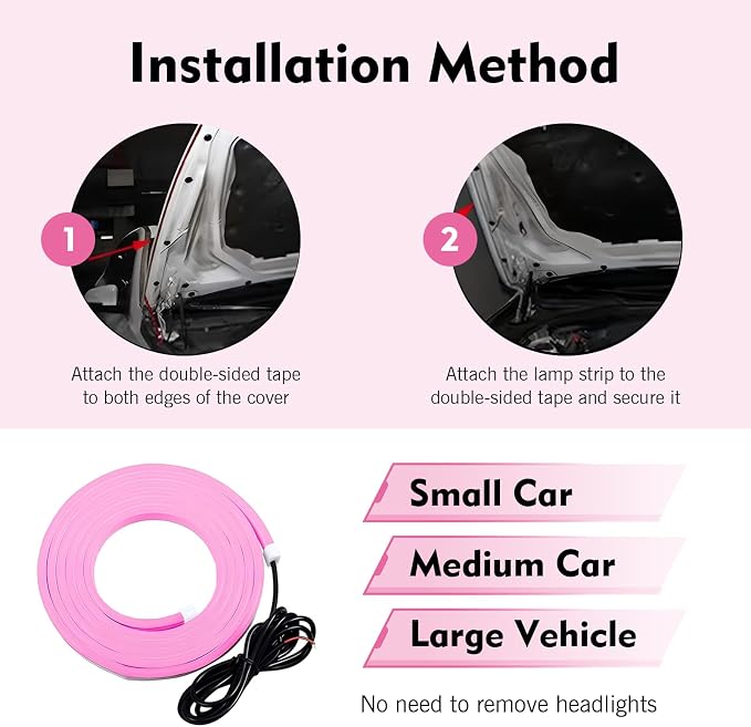 1PC Car Hood LED Strip Light, 59In Waterproof Flexible LED Light Strip with Adhesive Tape, Exterior and Interior Decoration, Universal for Most Cars, Trucks, SUVs DC 12V (Pink)