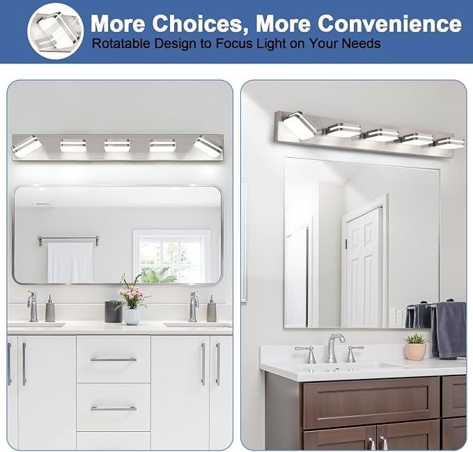 Torondo 360° Rotate LED Bathroom Vanity Light Fixtures, Acrylic Vanity Lights for Bathroom, Modern Wall Lighting Fixtures Over Mirror Living, Brushed Nickel, Natural White, 5-Light, 34-Inch