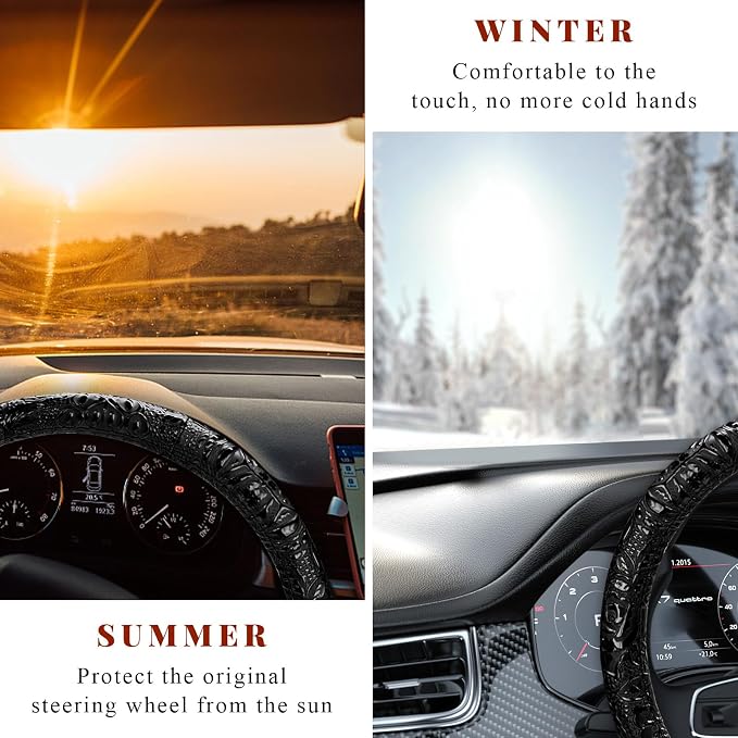 Leather Car Steering Wheel Cover, 15" Crocodile Pattern Anti Slip Car Wheel Wrap with Rose Grain, Four Seasons Universal Auto Steering Wheel Protector for Cars Trucks SUVs (Black)
