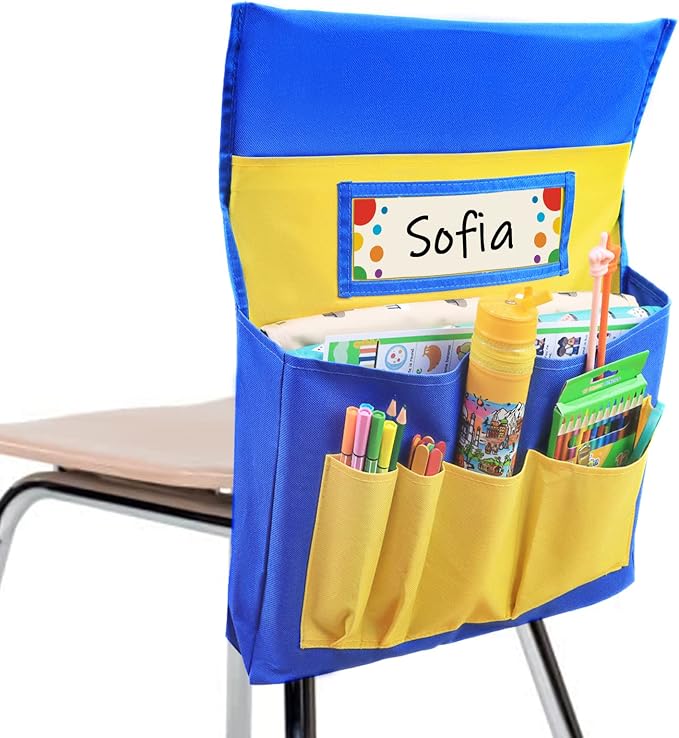 Chair Pockets for Classrooms, 15.7" × 18.9" – 6 Pockets Chairback Storage Organizer with Name Tag Window, Student Desk & Seat-Back Management for Books, Folders & School Supplies, Yellow+Blue