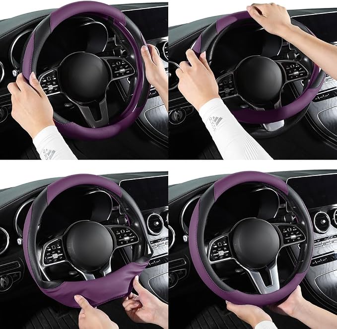 Car Steering Wheel Cover, Microfiber Leather Steering Wheel Cover Universal Fit 14.5-15 inch Anti-Slip Comfortable Breathable, Car Wheel Protector for Men Women,Purple