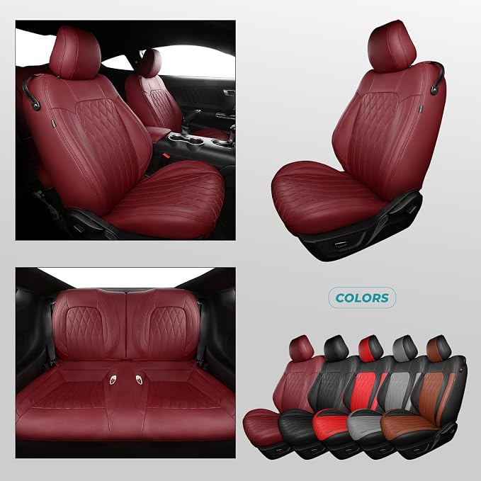 Custom for Ford Mustang Coupe Seat Covers 2015-2025 - Custom-Fit Full Set Faux Leather Car Seat Covers for Mustang Coupe Fastback GT/V6/EcoBoost 2015 2016 2017 2018 2019 2020 2021 2022 2023 2024 2025