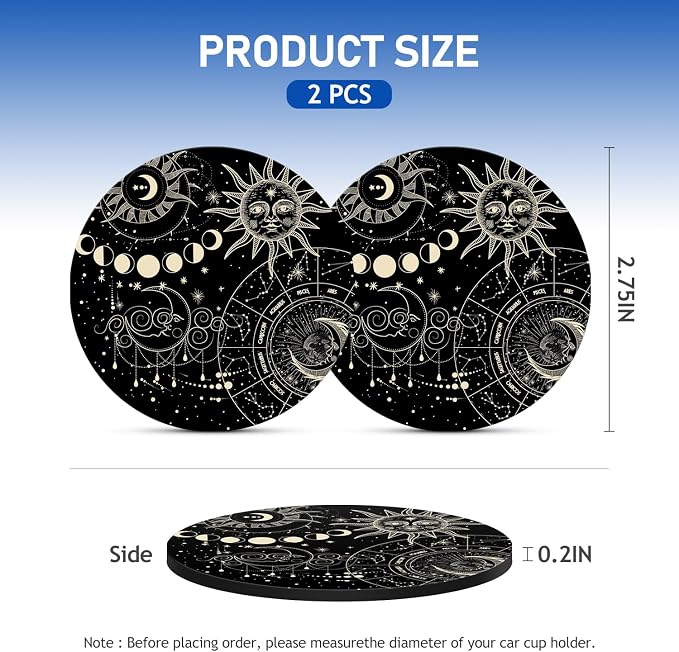 Sun Moon and Stars Car Cup Holder Coaster, 2.75" Silicone Non-Slip Cup Holder Insert Coasters, Car Accessories Interior Decorations for Women and Man 2 Pack Black (Sun&Moon)