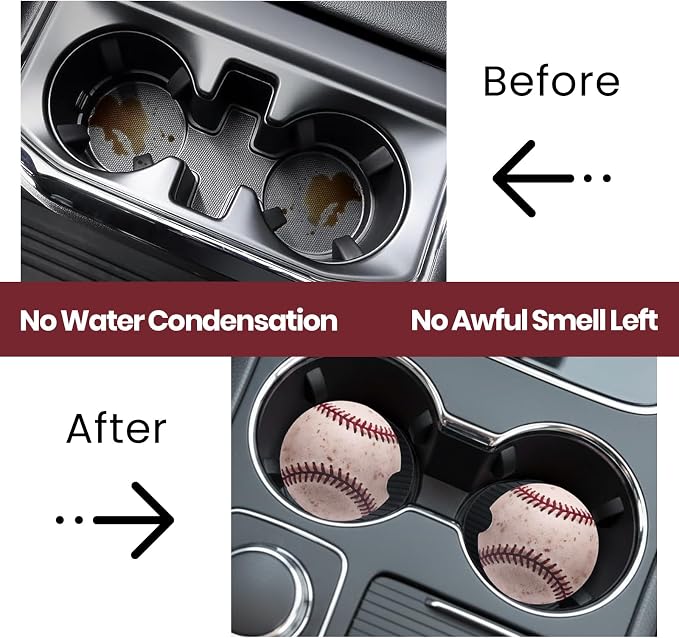 2 Pack Baseball Car Coasters for Men Women Car Cup Holder Coasters, 2.63 Inch Anti Slip Ceramic Absorbent Coaster with Cork Base and Finger Notch, Funny Car Accessories Interior