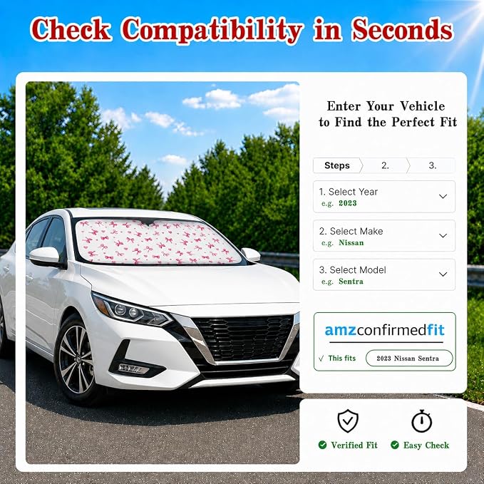 Car Windshield Sun Shade, Universal Fit Compact Sedan SUV, Cute Heart Bow | 59 x 27.5" Car Sun Visor , Foldable Front Window Sunshade, UV Heat Protection, Girly Bow Series