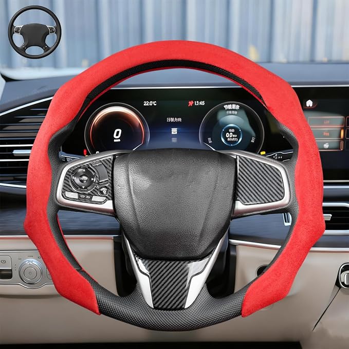 Car Steering Wheel Cover, Soft Brethable Suede Non-Slip Vehicle Steering Wheel Protector, Comfortable Sporty Auto Interior Protection Accessories, Universal for Truck SUV Van (Bright Red)